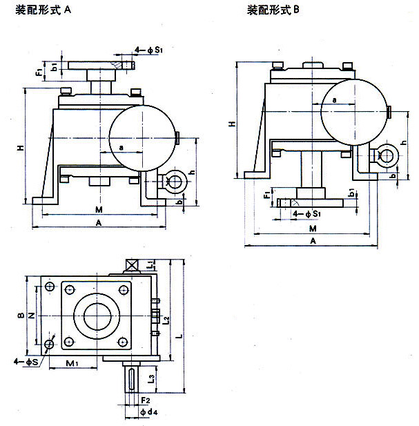 WJ63、WJ80、WJ100、WJ125、WJ160、WJ200型蜗轮丝杠升降机外形安装尺寸