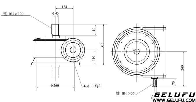 QT16A-7型塔机用蜗轮减速机外形及安装尺寸 QT16A-7型塔机用蜗轮减速机外形及安装尺寸