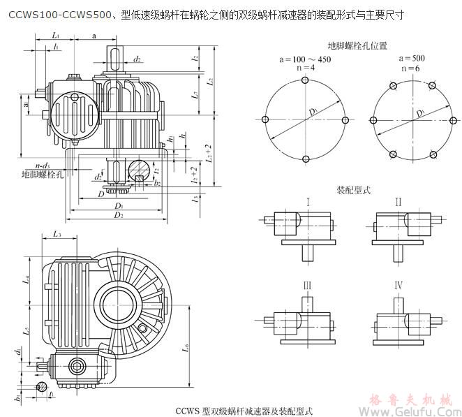 CCWS100-CCWS500、型低速级蜗杆在蜗轮之侧的双级蜗杆减速机的装配形式与主要尺寸（JB/T7008-1993）