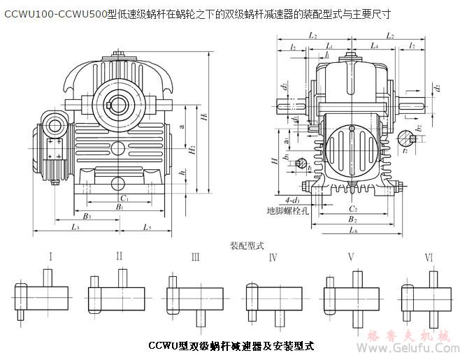 CCWU100、CCWU125、CCWU160、CCWU200、CCWU250、CCWU315、CCWU355、CCWU400、CCWU450、CCWU500、型低速級蝸杆在蝸輪之下的雙級蝸杆減速機的裝配型式與主要尺寸（JB/T7008-1993）