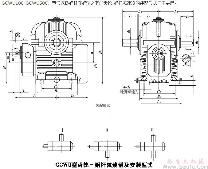 GCWU100-GCWU500、型低速级蜗杆在蜗轮之下的齿轮-蜗杆减速机的装配形式与主要尺寸（JB/T7008-1993）