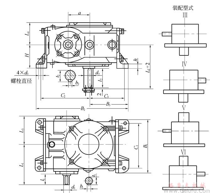KWS32、KWS40、KWS50、KWS63、KWS80、KWS100、型锥面包络圆柱蜗杆减速机的外形安装尺寸和装配型式Ⅲ—ⅥJB/T 5559－91