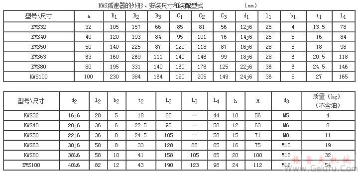 KWS32、KWS40、KWS50、KWS63、KWS80、KWS100、型锥面包络圆柱蜗杆减速机的外形安装尺寸和装配型式Ⅲ—ⅥJB/T 5559－91