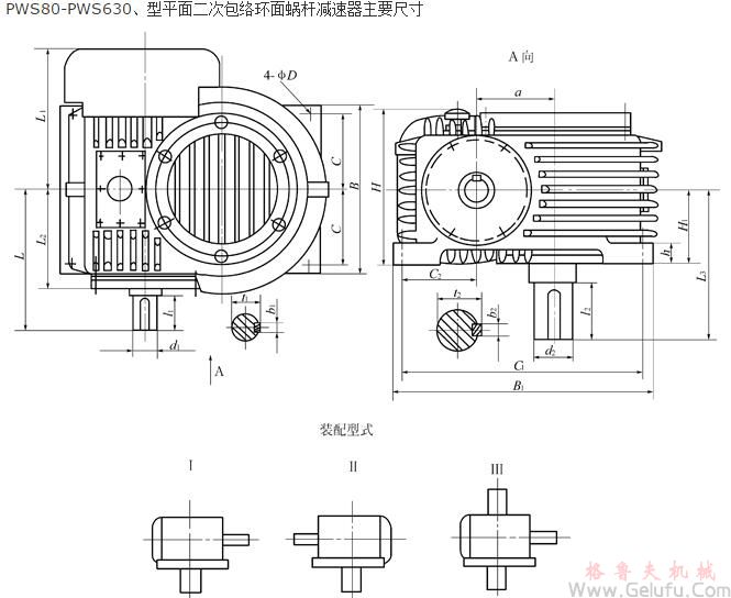 PWS80、PWS100、PWS125、PWS140、PWS160、PWS180、PWS200、PWS225、PWS250、PWS280、PWS315、PWS355、PWS400、PWS450、PWS500、PWS560、PWS630、型平面二次包络环面蜗杆减速机主要尺寸（GB/T16449-1996）