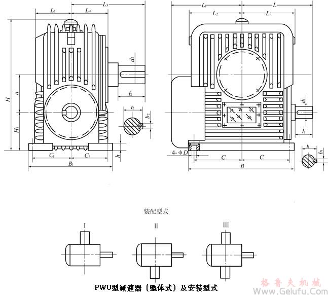 整體式PWU80、PWU100、PWU125、PWU140、PWU160、PWU180、PWU200、PWU225、PWU250、PWU280、PWU315、PWU355、型平麵二次包絡環麵蝸杆減速機主要尺寸（GB/T16449-1996）