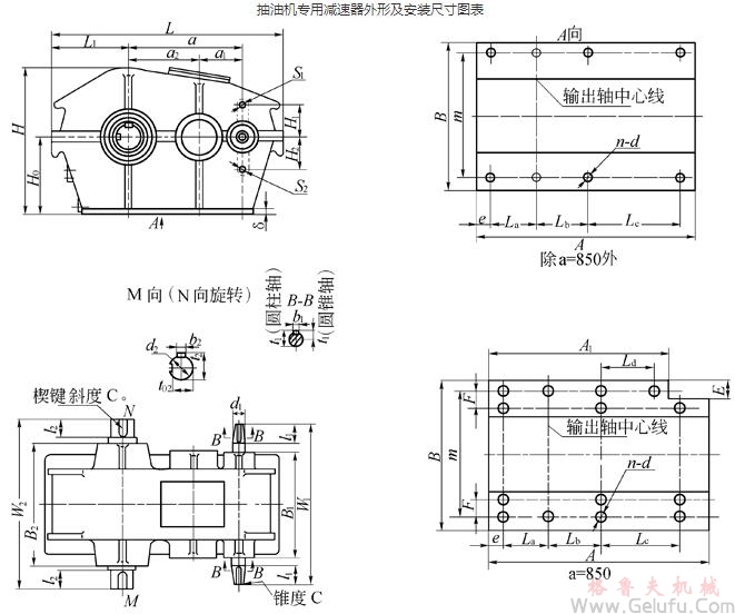 抽油机专用减速机外形及安装尺寸图表 抽油机专用减速机外形及安装尺寸图表